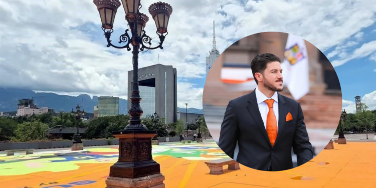 Estado-de-nuevo-leon - La Sultana Informa a City Plaza with a Colorful Mural on the Ground and Ornate Street Lamps, Plus a Circular Inset of a Man in a Dark Suit and Orange Tie. - La Sultana Informa