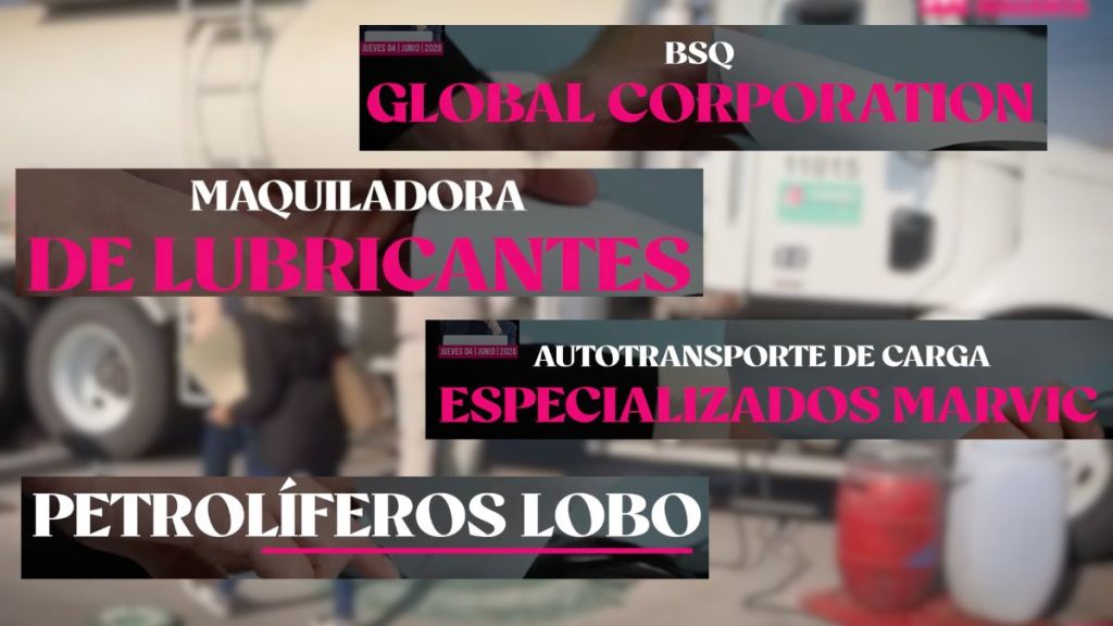 Collage of Bold Black Banners with Pink and White Text Advertising Oil-related and Logistics Companies over a Blurred Workshop/background Scene. - La Sultana Informa