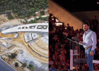 a Split Image: Aerial View of a Curved Bridge Under Construction on the Left; a Man Giving a Speech at a Podium Before a Crowd on the Right. - La Sultana Informa