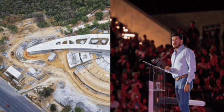 a Split Image: Aerial View of a Curved Bridge Under Construction on the Left; a Man Giving a Speech at a Podium Before a Crowd on the Right. - La Sultana Informa