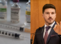 Left Side Shows Vaccine Syringes and Vials on a Lab Table; Right Side Shows a Man in a Suit Speaking at a Podium, Gesturing with His Hand. - La Sultana Informa