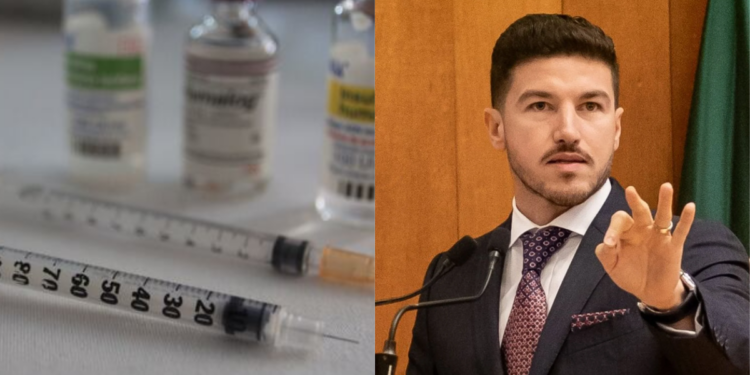 Left Side Shows Vaccine Syringes and Vials on a Lab Table; Right Side Shows a Man in a Suit Speaking at a Podium, Gesturing with His Hand. - La Sultana Informa